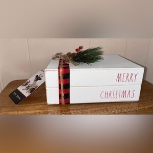 Rae Dunn White Book Stack with Plaid Ribbon